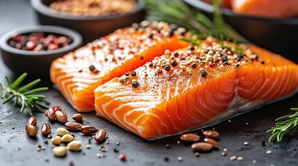 Two fresh salmon fillets seasoned with peppercorns, herbs, and seeds on a dark surface.