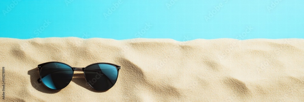 Poster sunglasses resting on golden sand under a clear blue sky inviting relaxation and summer vibes. gener