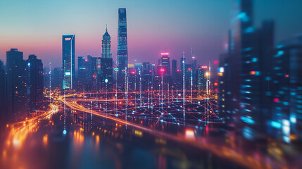 Obraz premium Smart Innovation city with connection cyber security network reciprocity over the night cityscape future wireless digital city and social media networking systems that connects people in the city