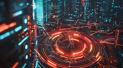 Obraz premium Smart Innovation city with connection cyber security network reciprocity over the night cityscape future wireless digital city and social media networking systems that connects people in the city