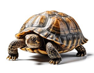 A striking yellow footed tortoise on white background
