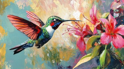 Vibrant Hummingbird in Flight, Impasto Painting