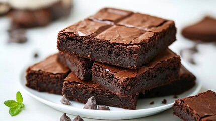 Stack of delicious, fudgy chocolate brownies on a white plate, garnished with chocolate chips and a mint sprig.
