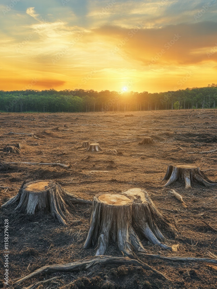 Poster deforested landscape with tree stumps at sunset revealing the impact of logging on the environment. 