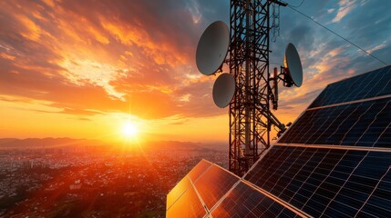 Futuristic Telecommunication Hub: Tower with Dishes and Solar Panels Symbolizing Sustainability and Connectivity