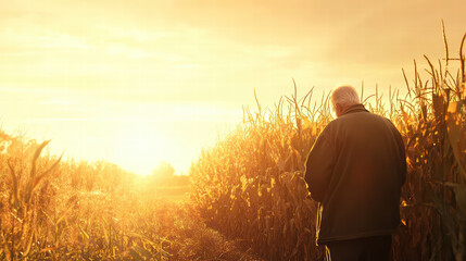 Fototapeta premium Elderly farmer in corn field at sunset, reflecting on harvest. warm glow of sun creates serene atmosphere, highlighting beauty of rural life