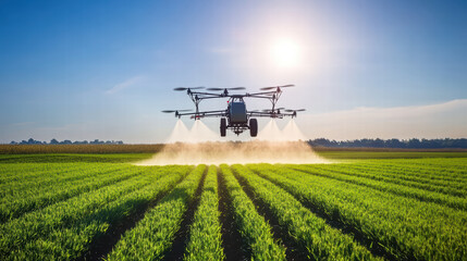 Fototapeta premium Drone image capturing tractor spraying crops in green field under bright sky. scene showcases modern agricultural technology in action, enhancing farming efficiency