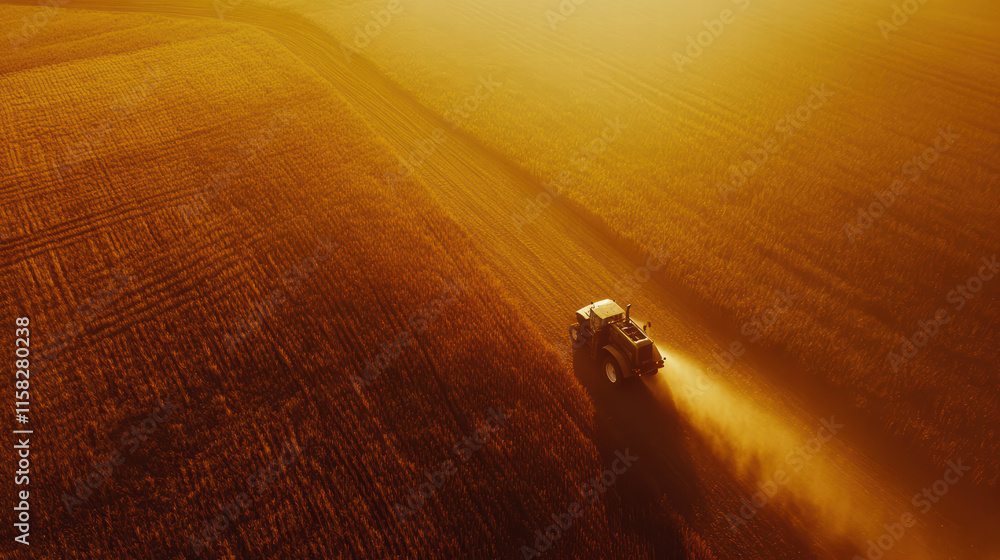 Poster aerial view of tractor working in golden wheat fields during sunset, creating serene and productive 