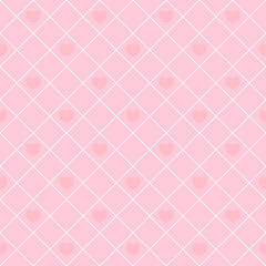 Pink diamond grid seamless pattern with hearts. Elegant and romantic design. Perfect Valentine’s day background for love-themed creative projects.