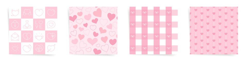 Set of pink seamless patterns. Love icons, scattered hearts, gingham with bows, and vertical heart lines. Perfect Valentine’s day backgrounds for creative projects.