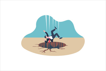 Illustration business and financial crisis vector concept with businessman falling down the hole. Symbol of market crash, recession, risk, bankruptcy and loss. Vector illustration.