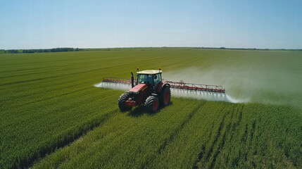 Obraz premium drone shot captures tractor spraying vibrant green wheat fields under clear blue sky, showcasing modern agricultural practices and beauty of rural landscapes