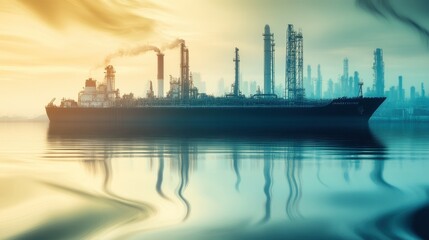 Obraz premium Industrial Ship Silhouetted Against Sunrise with Smoke and Reflections