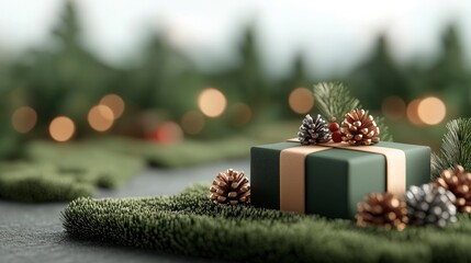 Festive Green Gift Box with Pine Cones  Christmas Decor  Holiday Season