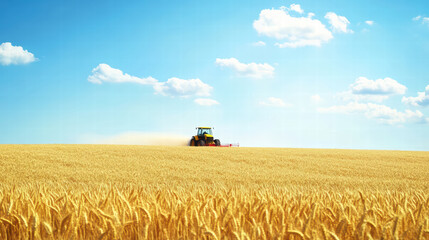 Obraz premium tractor working in vibrant wheat fields under clear blue sky creates picturesque rural scene. golden wheat sways gently in breeze, showcasing beauty of agriculture