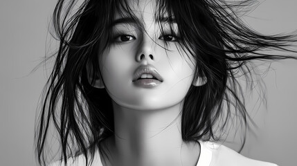 playful korean model with windswept hair, casual t-shirt, and bright eyes. Windswept. Illustration