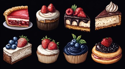 Delicious assortment of berry and cream cakes, pies, cupcakes, and cheesecakes.