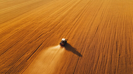 Aerial view of tractor spraying vibrant wheat fields, showcasing agricultural activity and beauty of rural landscapes. golden hues of wheat create stunning visual