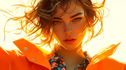 A close-up of a young caucasian woman with windswept hair, wearing a vibrant orange jacket and a floral shirt, illuminated by sunlight. Windswept. Illustration