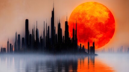 Majestic Urban Silhouette Against a Giant Orange Sun Setting