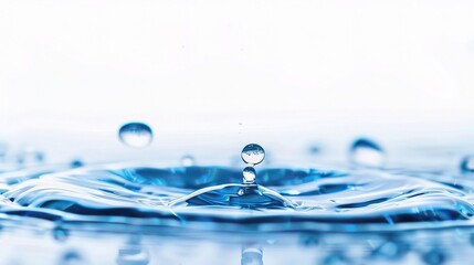 Beautiful blue water droplets arranged gracefully on a pure white background. The blue water droplets look so clear and shiny, like precious gems, standing out against the simplicity of the white back