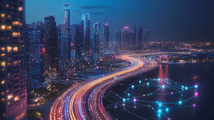 Fototapeta premium Smart Innovation city with connection cyber security network reciprocity over the night cityscape future wireless digital city and social media networking systems that connects people in the city