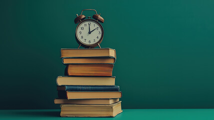 Time for Reading: Stack of Books with Alarm Clock, A stack of aged books with an antique alarm clock positioned on top, against a deep teal backdrop.