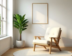 A modern living room with a wooden armchair, a potted plant, and a framed artwork on the wall
