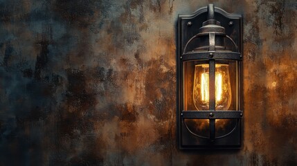 Vintage Wall Lantern Illuminating Rustic Textured Background