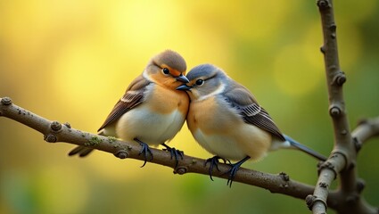 Fototapeta premium Photo of close up shot of two loving birds stand at a trunk