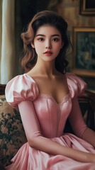 Fototapeta premium An Eastern woman wearing a pink dress sits on a chair
