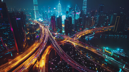 Obraz premium Smart Innovation city with connection cyber security network reciprocity over the night cityscape future wireless digital city and social media networking systems that connects people in the city