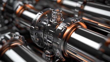 Close-Up View of Metallic Pipes and Valves with Shiny Finish