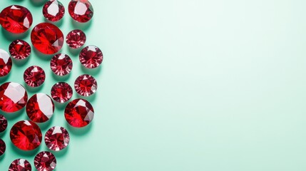 Assorted Red Gems Sparkling on Soft Green Background for Design