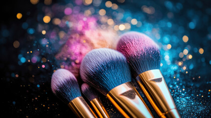 Magic in the Makeup Brushes: A close-up shot of a group of makeup brushes coated in vibrant, colorful powder. The brushes are arranged on a black background.