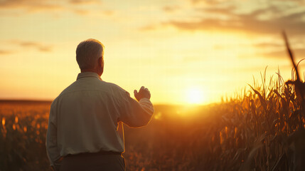 Fototapeta premium senior farmer stands in corn field at sunset, reflecting on day work. warm glow of sun casts serene atmosphere, highlighting beauty of nature