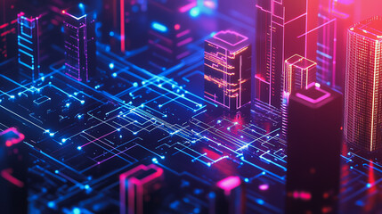 Fototapeta premium Smart Innovation city with connection cyber security network reciprocity over the night cityscape future wireless digital city and social media networking systems that connects people in the city