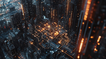 Smart Innovation city with connection cyber security network reciprocity over the night cityscape future wireless digital city and social media networking systems that connects people in the city