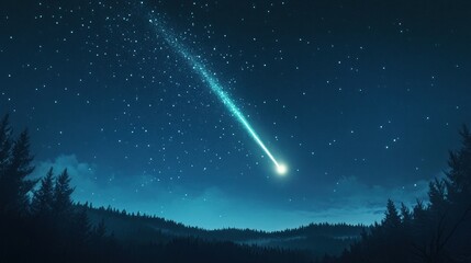 A shooting star is seen in the sky above a forest