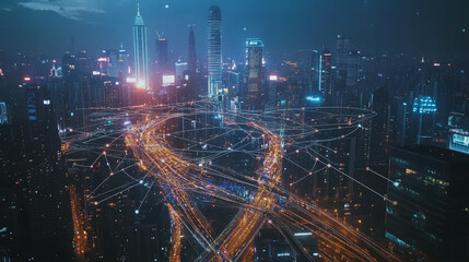 Smart Innovation city with connection cyber security network reciprocity over the night cityscape future wireless digital city and social media networking systems that connects people in the city