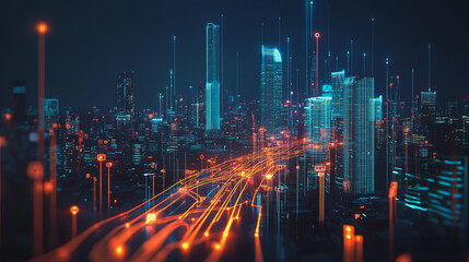 Obraz premium Smart Innovation city with connection cyber security network reciprocity over the night cityscape future wireless digital city and social media networking systems that connects people in the city