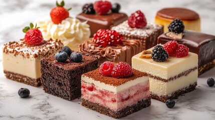 Assorted mini cakes with fresh berries, chocolate, and cream toppings arranged on a marble surface.