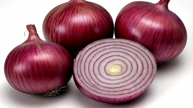 Red onions arranged with one cut in half revealing the inner layers, showcasing their vibrant color and texture for culinary use