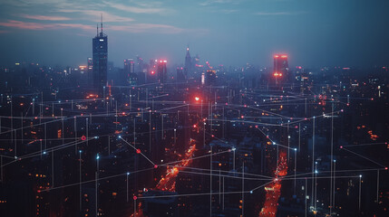 Fototapeta premium Smart Innovation city with connection cyber security network reciprocity over the night cityscape future wireless digital city and social media networking systems that connects people in the city