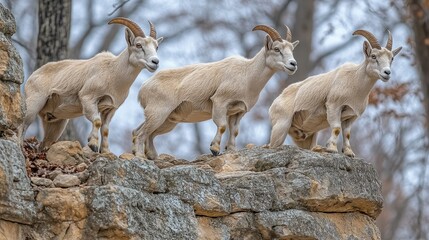 Obraz premium Three bighorn sheep standing on rocky outcrop in winter woodland.
