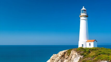 Scenic Lighthouse on Cliff Overlooking Calm Blue Ocean Waters