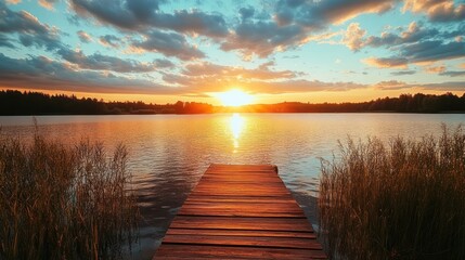 Fototapeta premium Tranquil Sunset over Serene Lake: Wooden Dock at Golden Hour