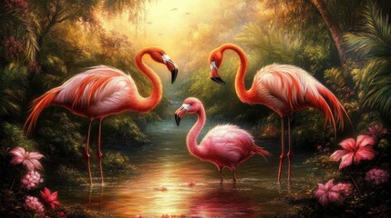 Vibrant Jungle Scene with Playful Flamingos