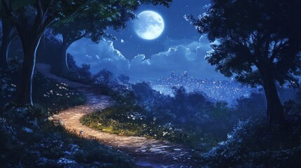 Naklejka premium Moonlit Path to the City: A Serene Night in the Woods
