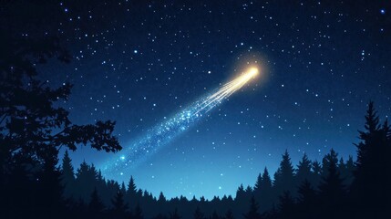 A shooting star is seen in the sky above a forest